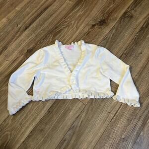 Lilly Pulitzer Girl’s Sz 12/14 Open Front Ruffled Cardigan Sweater White Logo